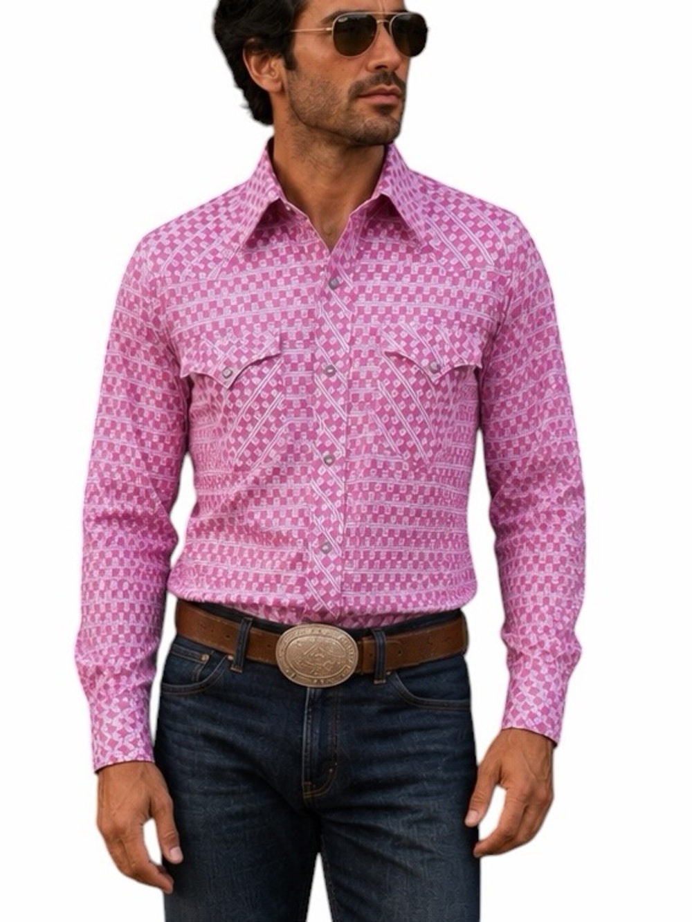 Vintage Bronco Westerns 15-34 Pink White Geometric Pearl Snap Western Shirt 70s
